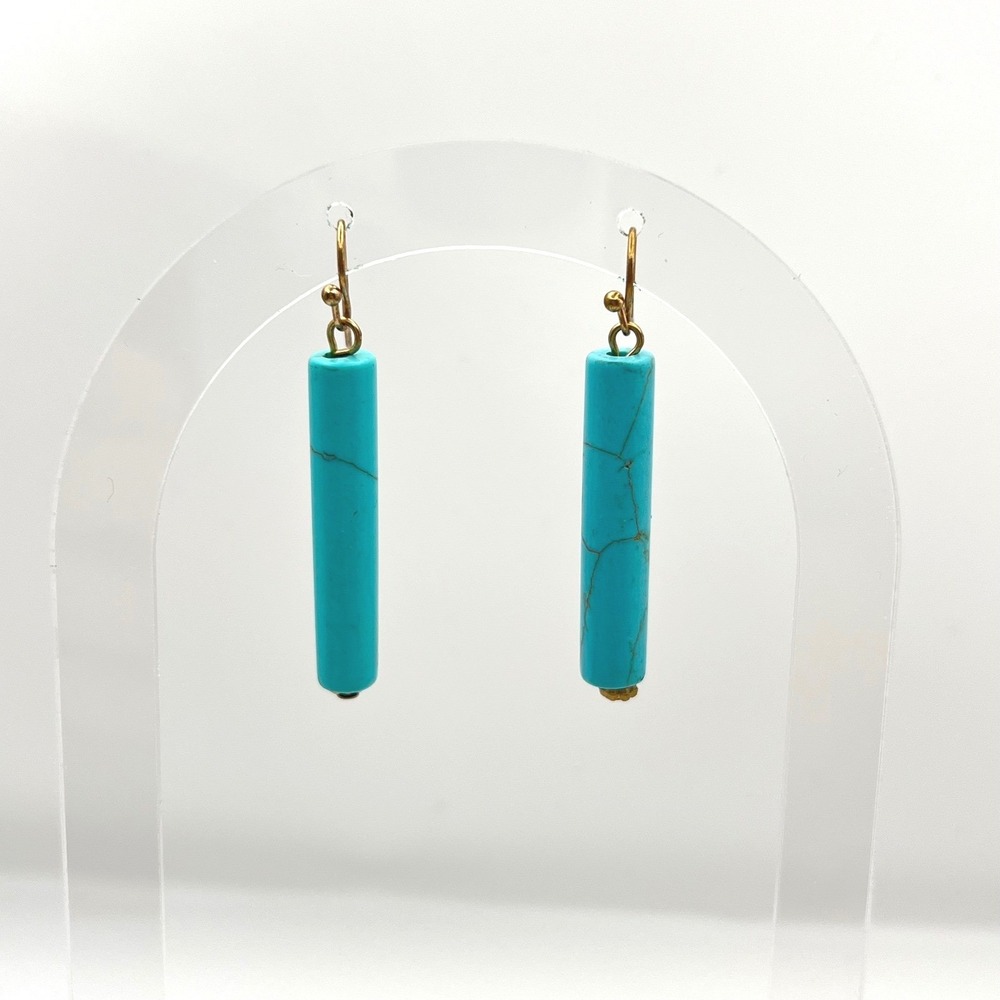 Faux Turquoise Cylinder Bar Drop Earrings Gold Tone‎ Wire Hooks Blue Marbled
